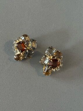 Vintage Gold-Tone Amber & Champagne Crystal Cluster Clip on earrings